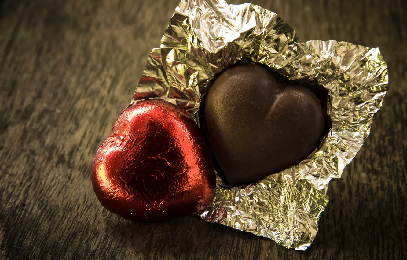 Photo wallpaper close-up, candy, hearts, Valentine's day, bokeh, chocolate, wrapper, wrapper