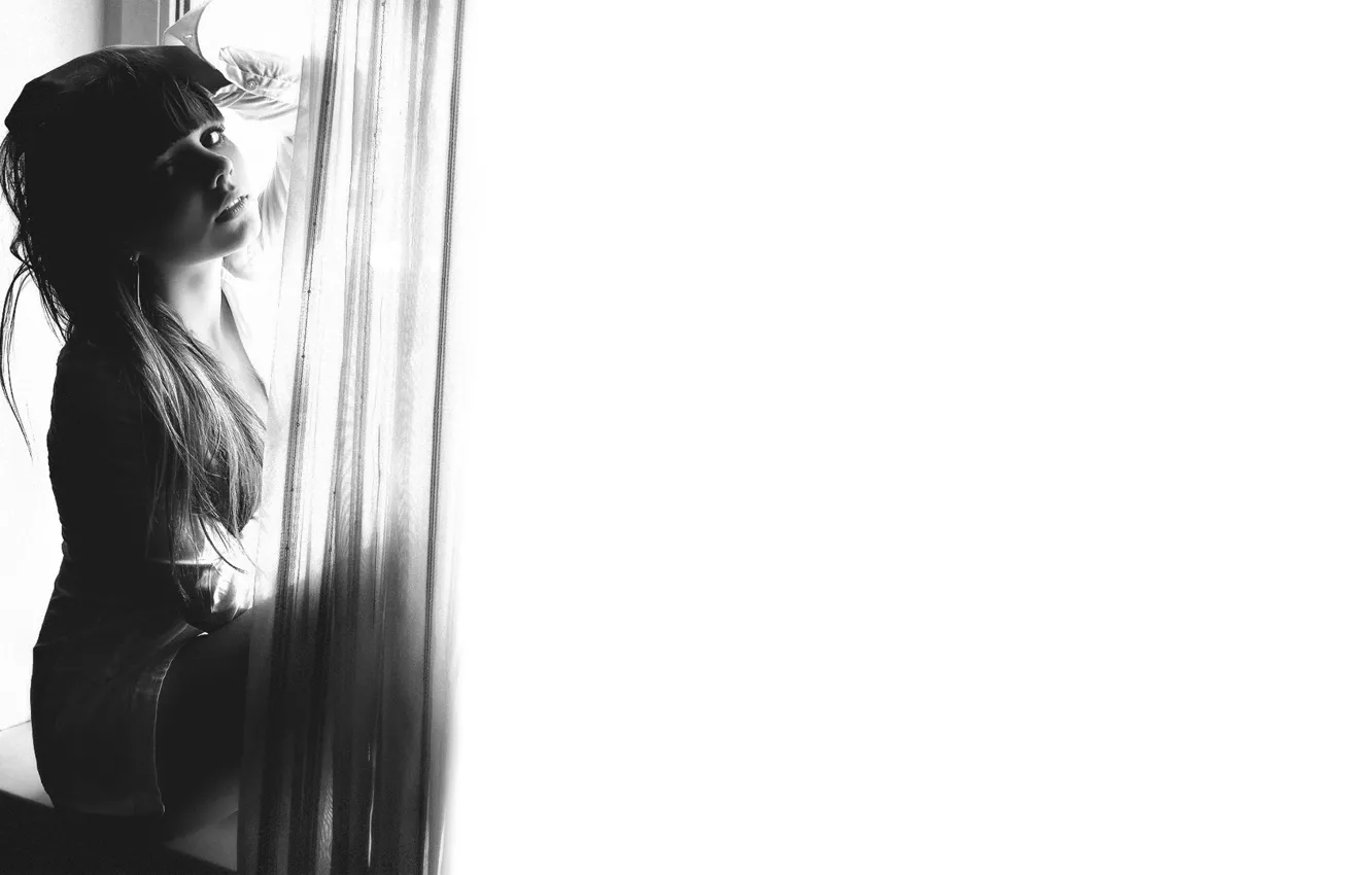 Photo wallpaper look, girl, mood, window, curtains, black and white, beautiful, Eugene