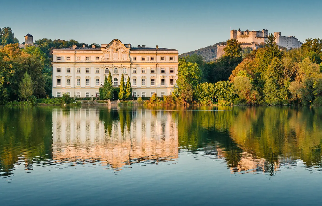 Photo wallpaper the city, river, castle, fortress, Austria, Salzburg, Leopoldskron, Hohensalzburg Fortress