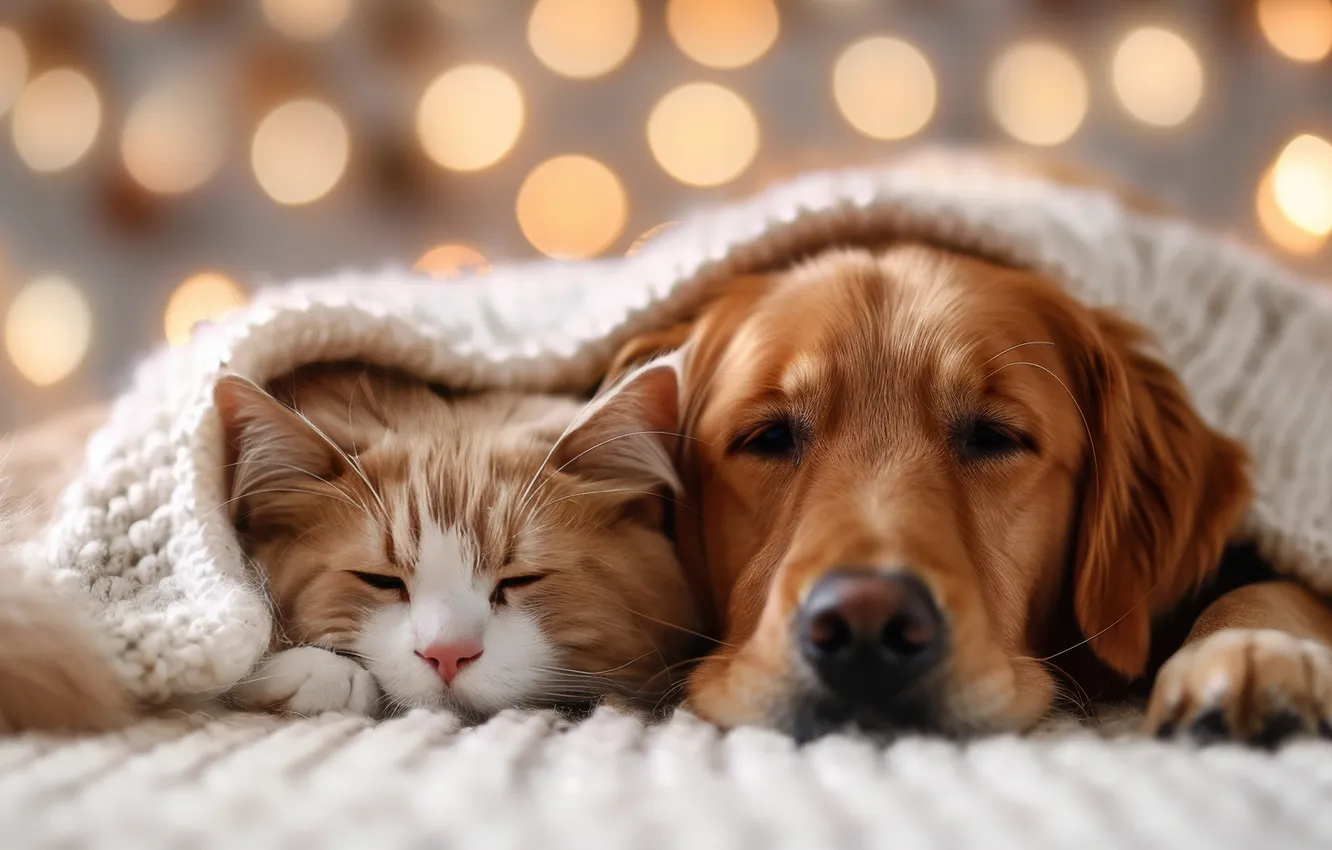 Photo wallpaper cat, cat, look, comfort, each, together, dog, lies