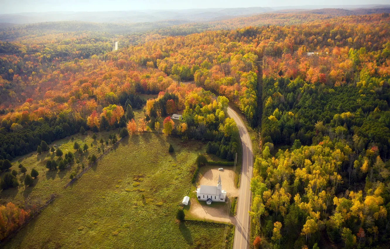 Photo wallpaper autumn, forest, temple