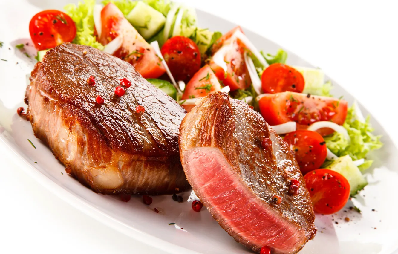 Photo wallpaper meat, vegetables, tomatoes, dish, salad