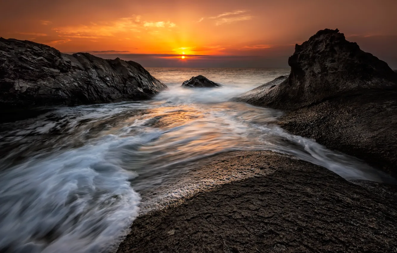 Photo wallpaper sea, beach, landscape, sunset, nature, sunrise, stones, rocks