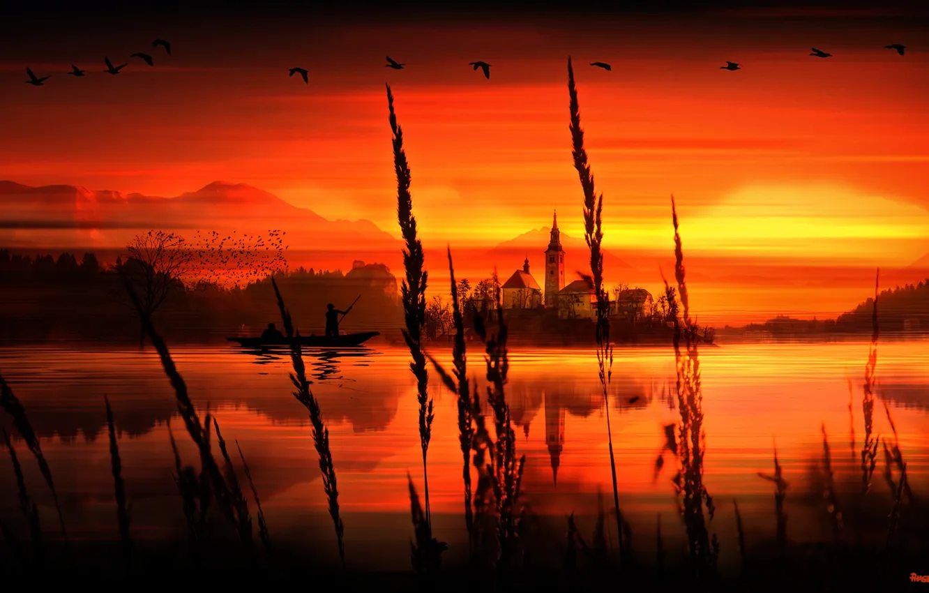 Photo wallpaper river, sunset, water, render, lake, birds, boat, PHASES ARTS
