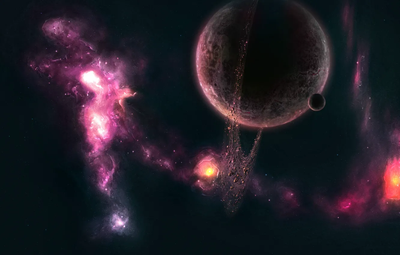 Photo wallpaper nebula, the moon, planet, ring, asteroids, nebula