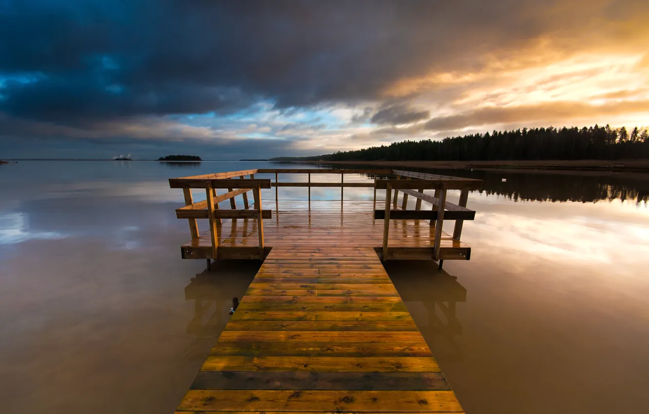 Photo wallpaper forest, the sky, sunset, clouds, bridge, lake, the evening, wooden
