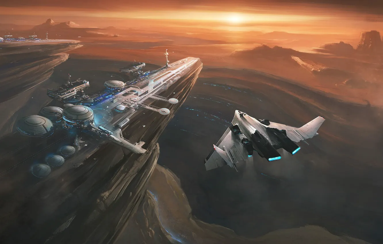 Photo wallpaper fantasy, sunset, science fiction, sci-fi, planet, digital art, spaceships, artwork