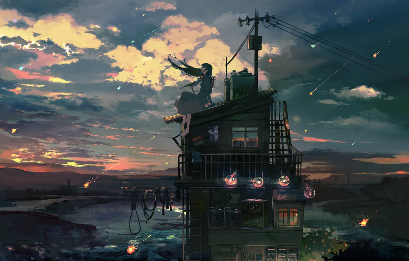 Photo wallpaper river, shore, wire, antenna, the evening, vocaloid, hatsune miku, Vocaloid