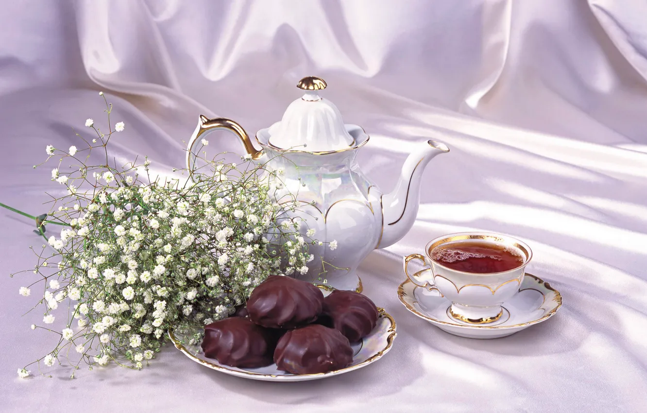 Photo wallpaper tea, kettle, Cup, still life, marshmallows