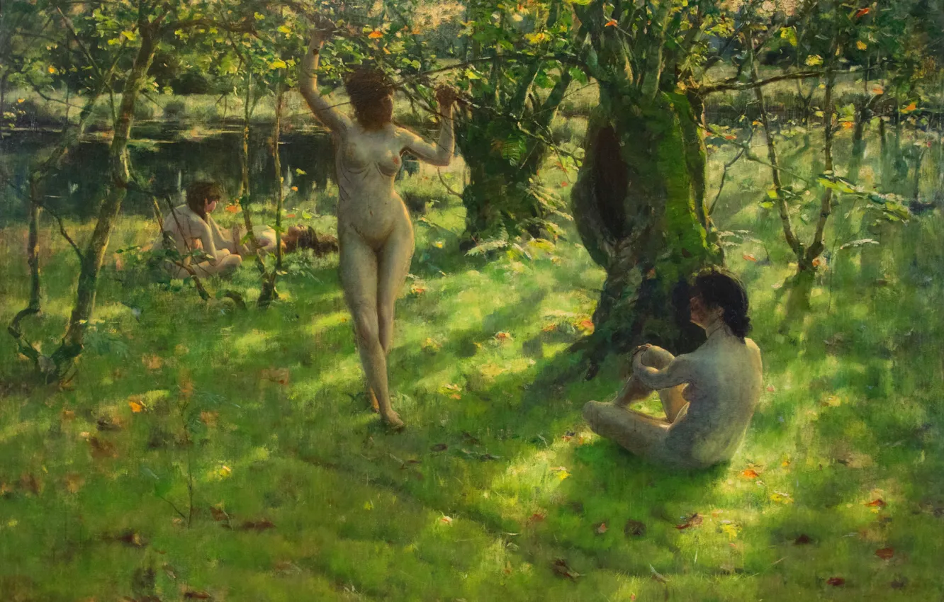Photo wallpaper grass, girl, trees, picture, naked, American artist, Alexander Harrison, Alexander Harrison
