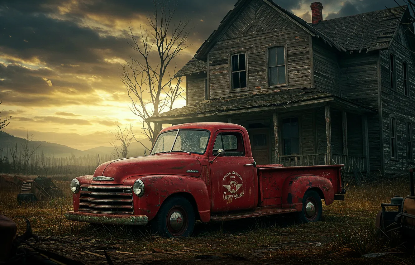 Photo wallpaper auto, sunset, house, art, wallpaper, house, auto, sunset