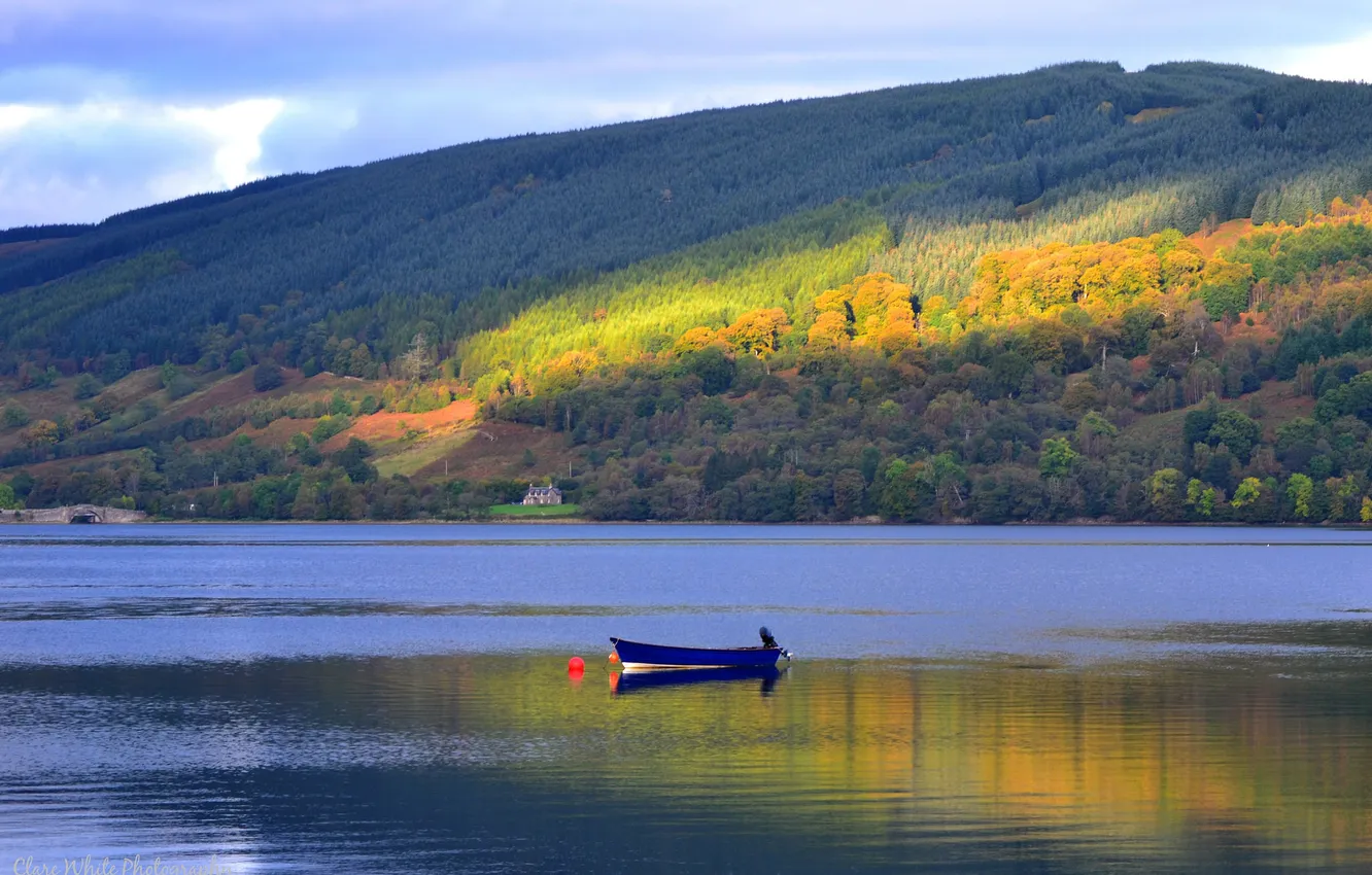Photo wallpaper autumn, forest, the sky, light, mountains, lake, boat