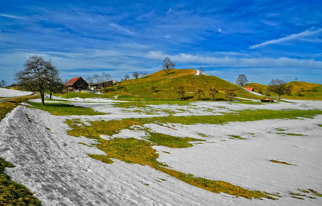Photo wallpaper the sky, snow, trees, hills, home, spring