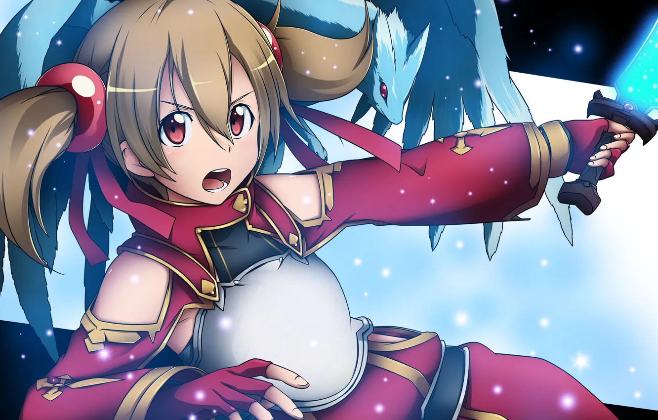 Photo wallpaper girl, red, weapons, clothing, hair, dragon, sword, belt