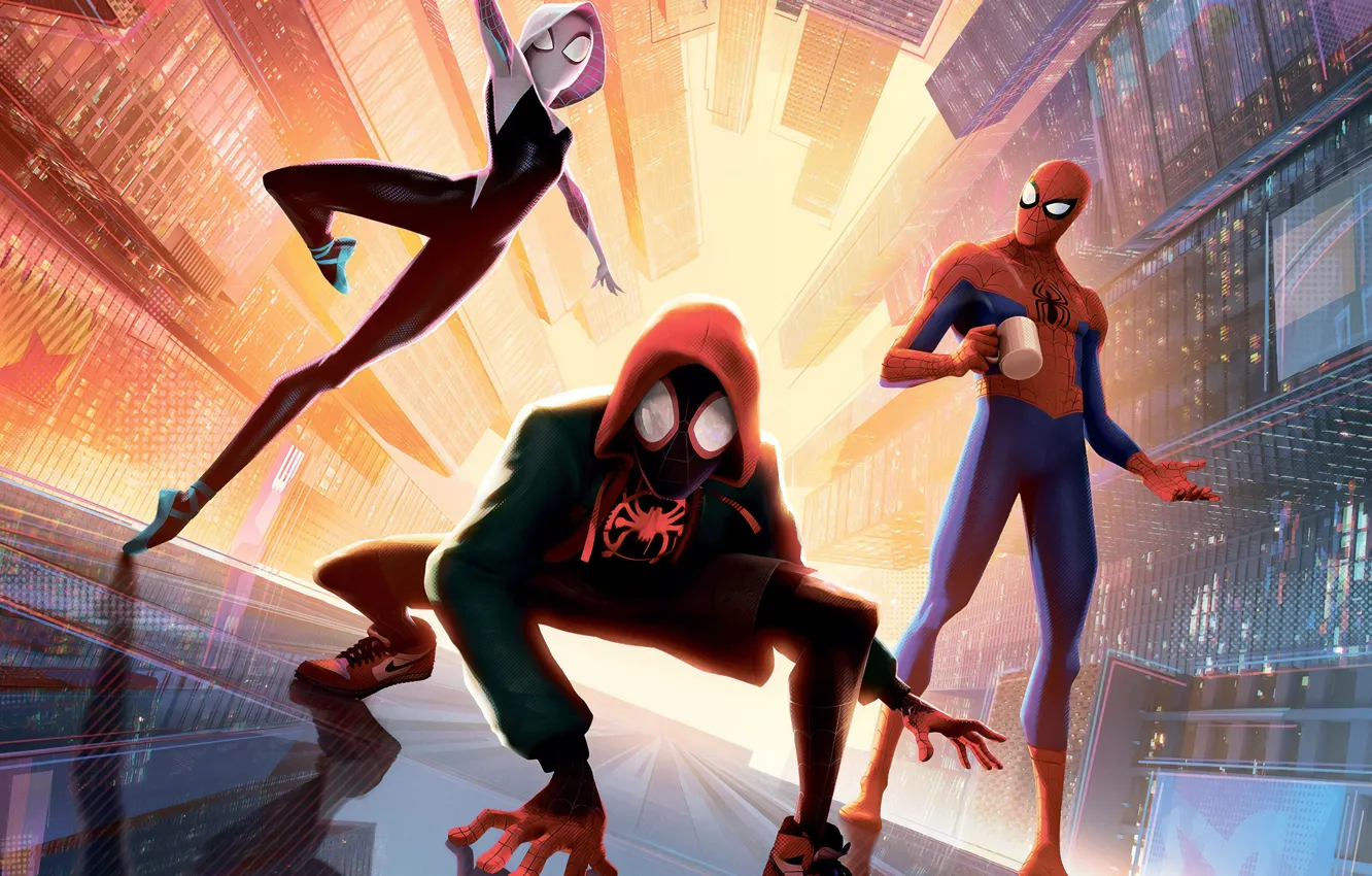 Photo wallpaper fiction, cartoon, art, comic, Spider-man: universes, Spider-Man: Into the Spider-Verse