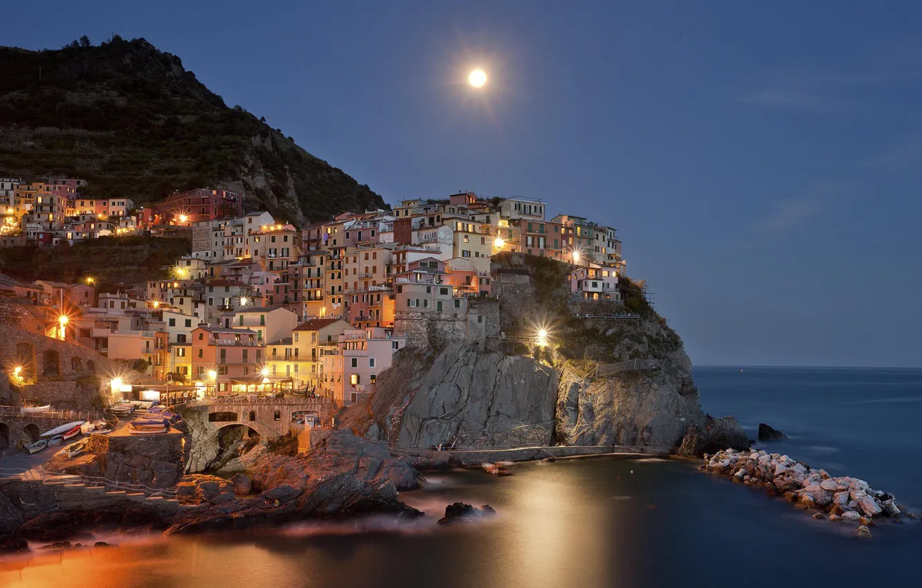 Photo wallpaper sea, water, mountains, night, the moon, Italy, moon, sea