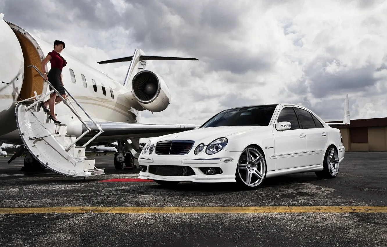 Photo wallpaper the sky, girl, the plane, Mercedes, ladder, white car