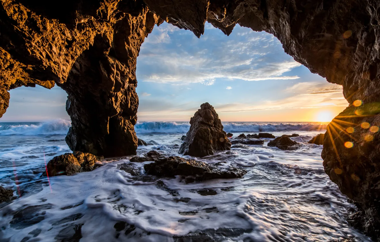 Photo wallpaper wave, the sun, rays, the ocean, rocks, CA, USA, bokeh