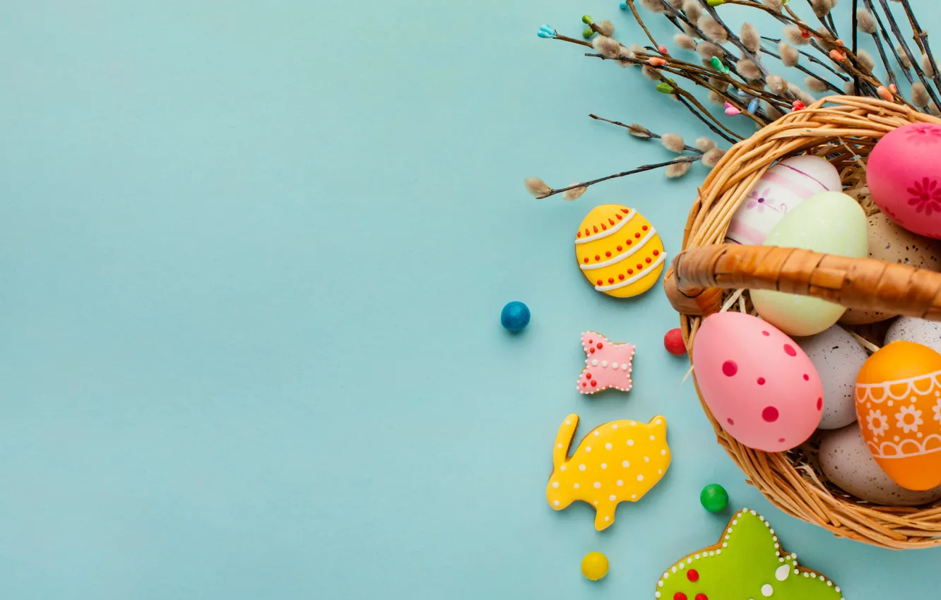 Photo wallpaper branches, background, eggs, cookies, Easter, basket, eggs