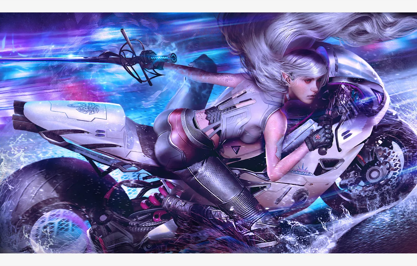 Photo wallpaper girl, fiction, sword, motorcycle, bike, art, cyberpunk, shadowrun