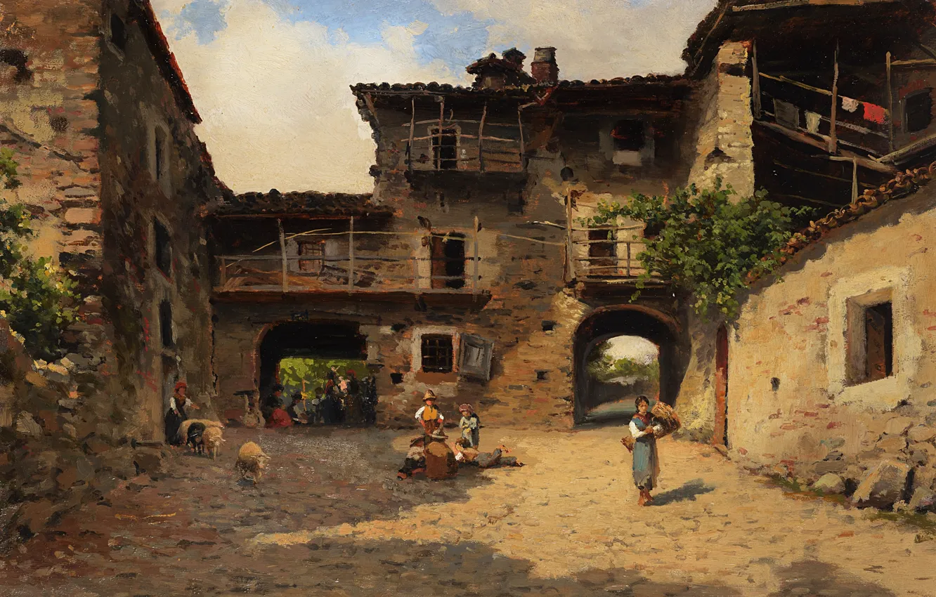 Photo wallpaper Italian painter, Italian painter, Silvio Poma, oil on tablet, Silvio Poma, Rural life scene, Scene …