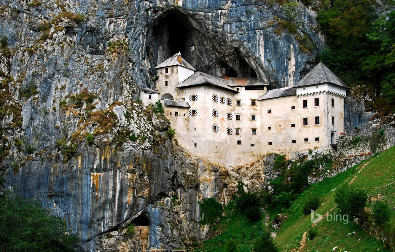 Photo wallpaper trees, mountains, rocks, Slovenia, Predjama castle