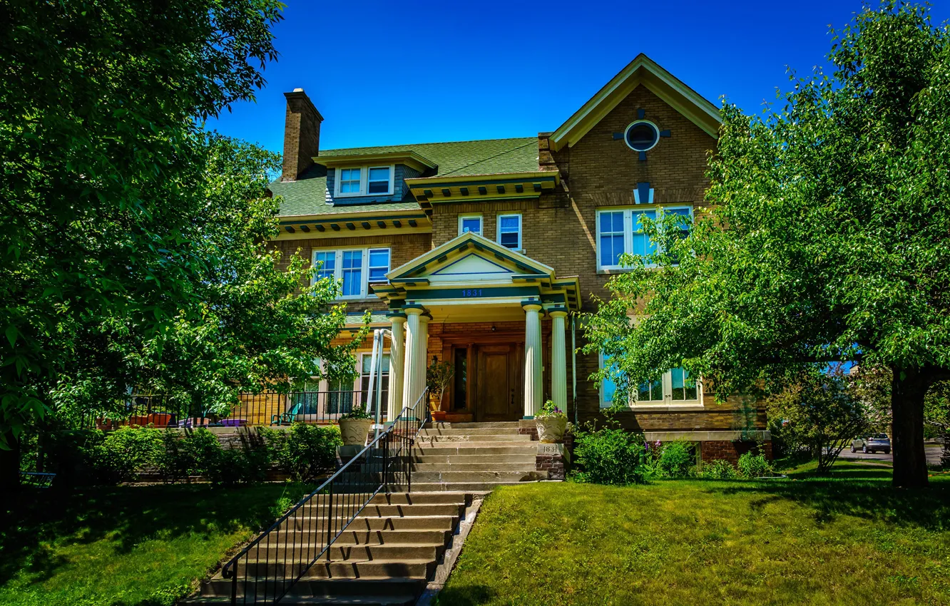 Photo wallpaper greens, the sky, the sun, trees, design, lawn, home, ladder