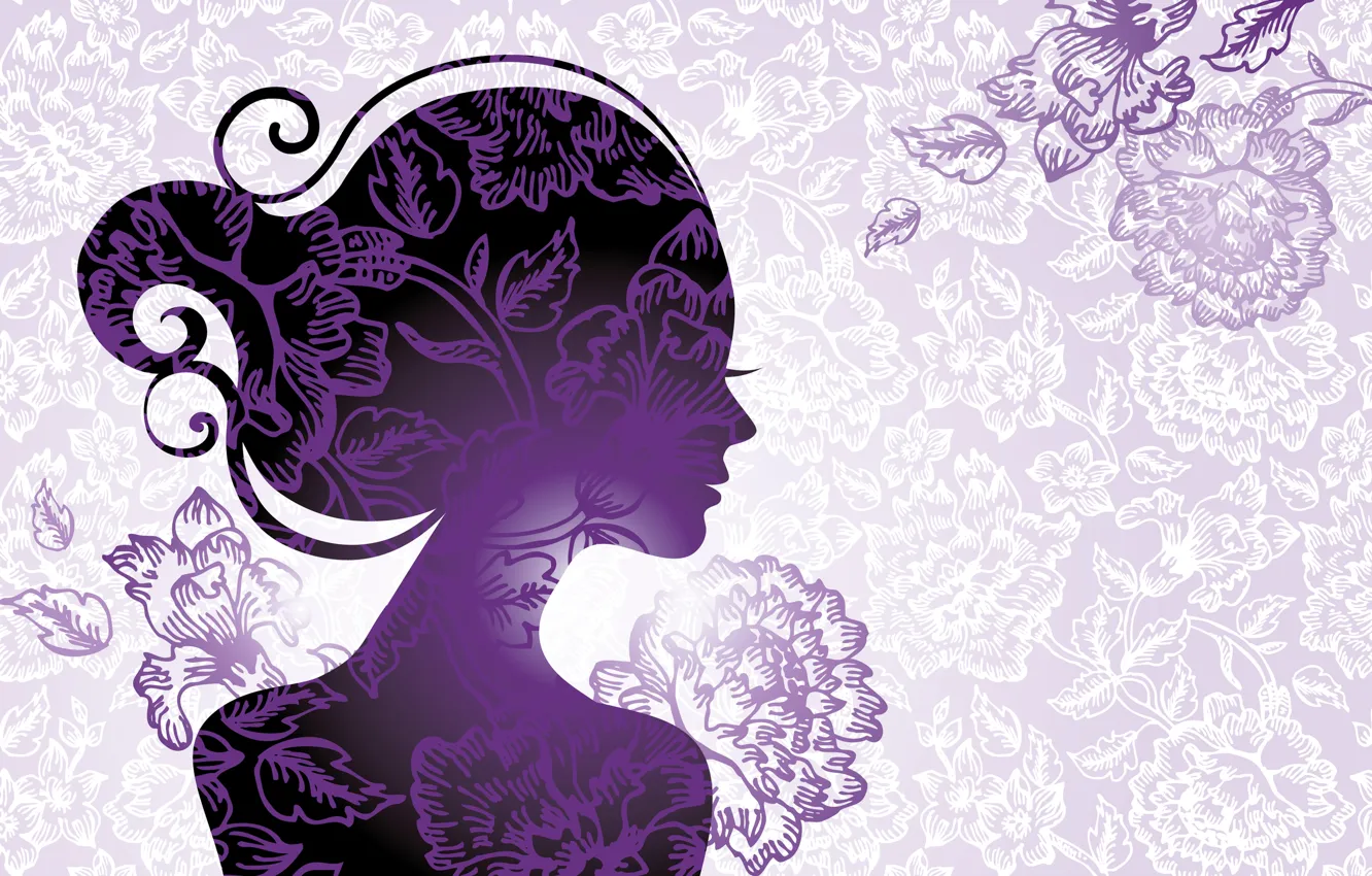 Photo wallpaper leaves, girl, flowers, style, silhouette, profile, eyelashes. hair