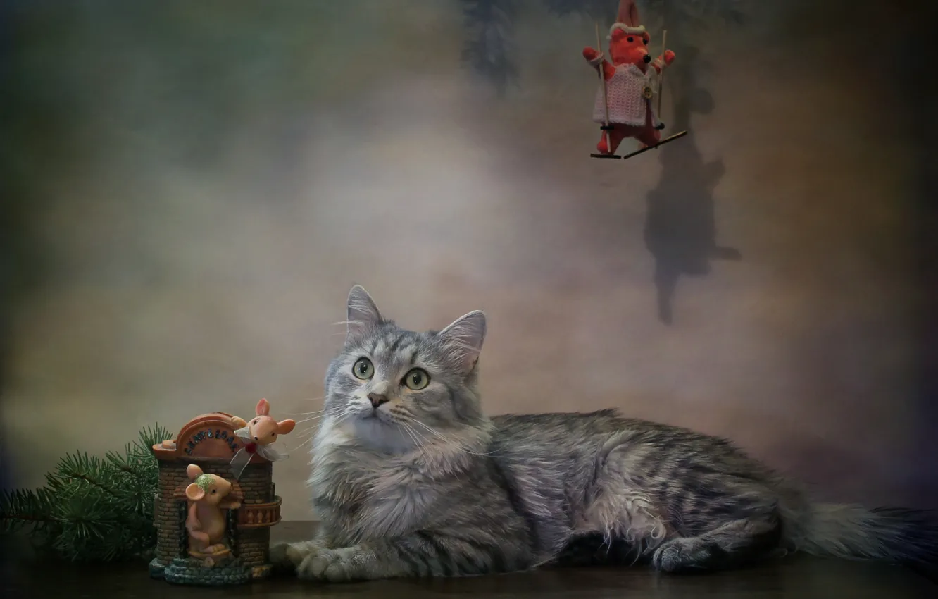 Photo wallpaper cat, cat, branches, animal, new year, spruce, mouse, figures