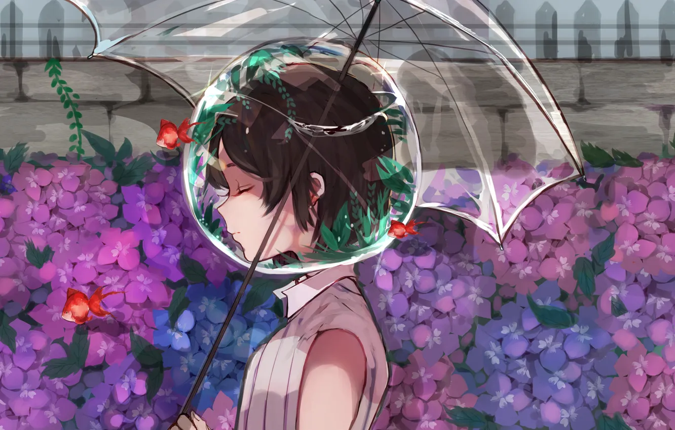 Photo wallpaper flowers, transparent, umbrella, girl, hydrangea