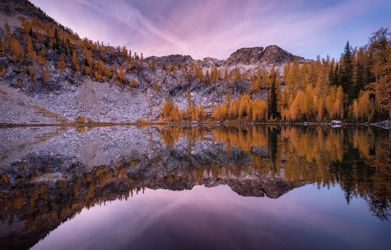 Photo wallpaper autumn, forest, clouds, mountains, lake, reflection, rocks, shore