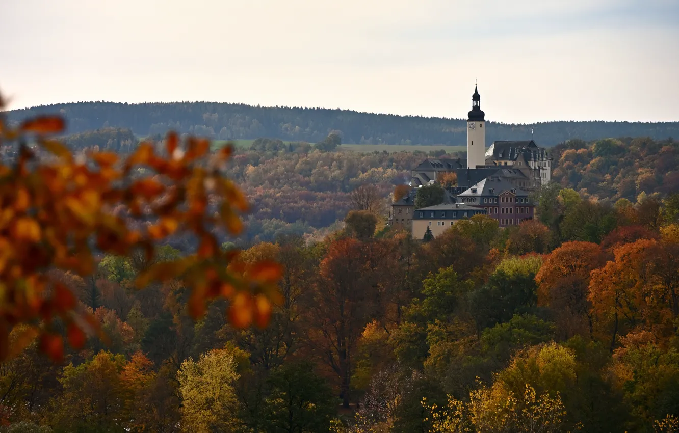 Photo wallpaper autumn, forest, the sky, trees, branches, castle, hills, foliage