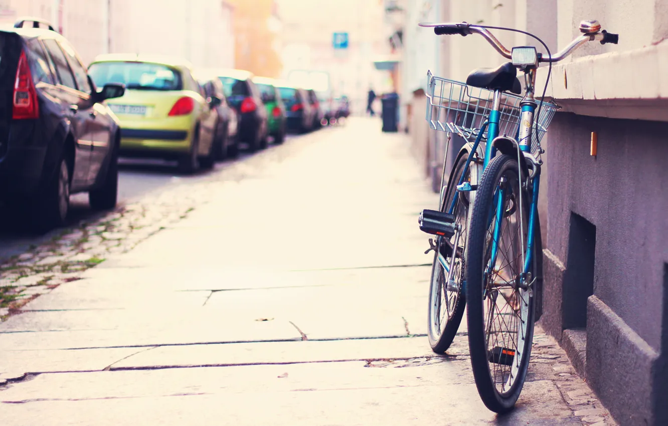 Photo wallpaper machine, bike, the city, street, Parking, the sidewalk, street, tilt-shift