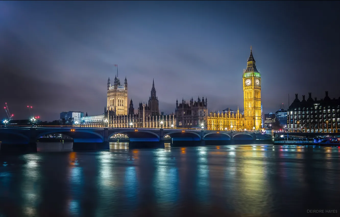 Photo wallpaper the sky, clouds, reflection, England, London, mirror, Big Ben, The Palace of Westminster