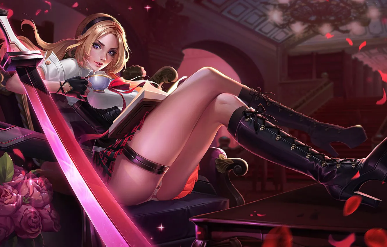 Photo wallpaper pose, weapons, stay, sword, mug, arena, mob, long legs