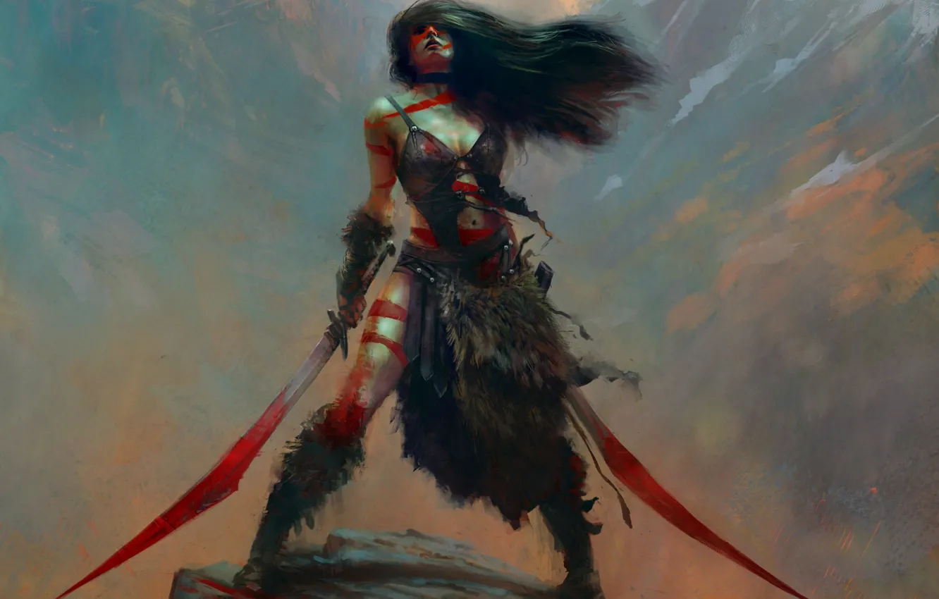 Photo wallpaper girl, stones, weapons, rocks, fantasy, art, Maciej Kuciara