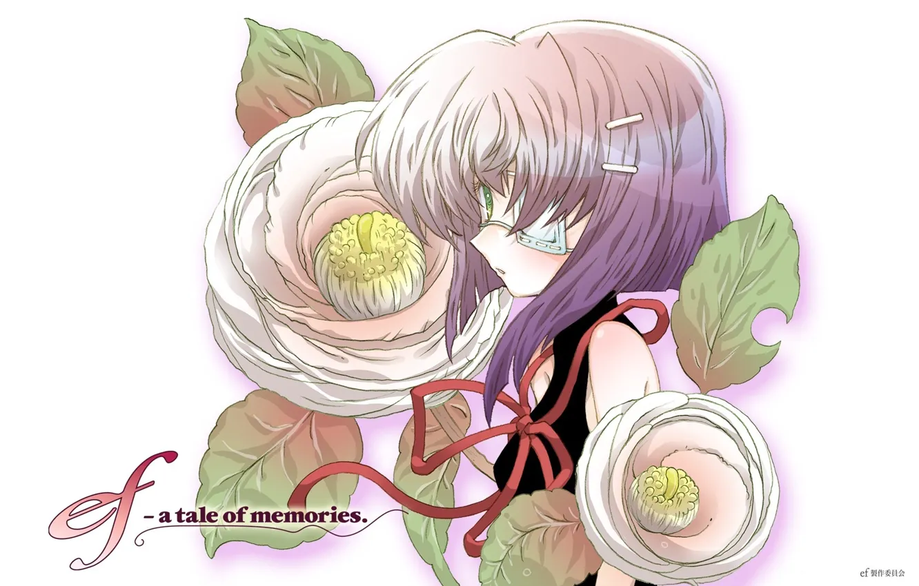 Photo wallpaper girl, white background, profile, art, red ribbon, bangs, fairy tail, eye patch