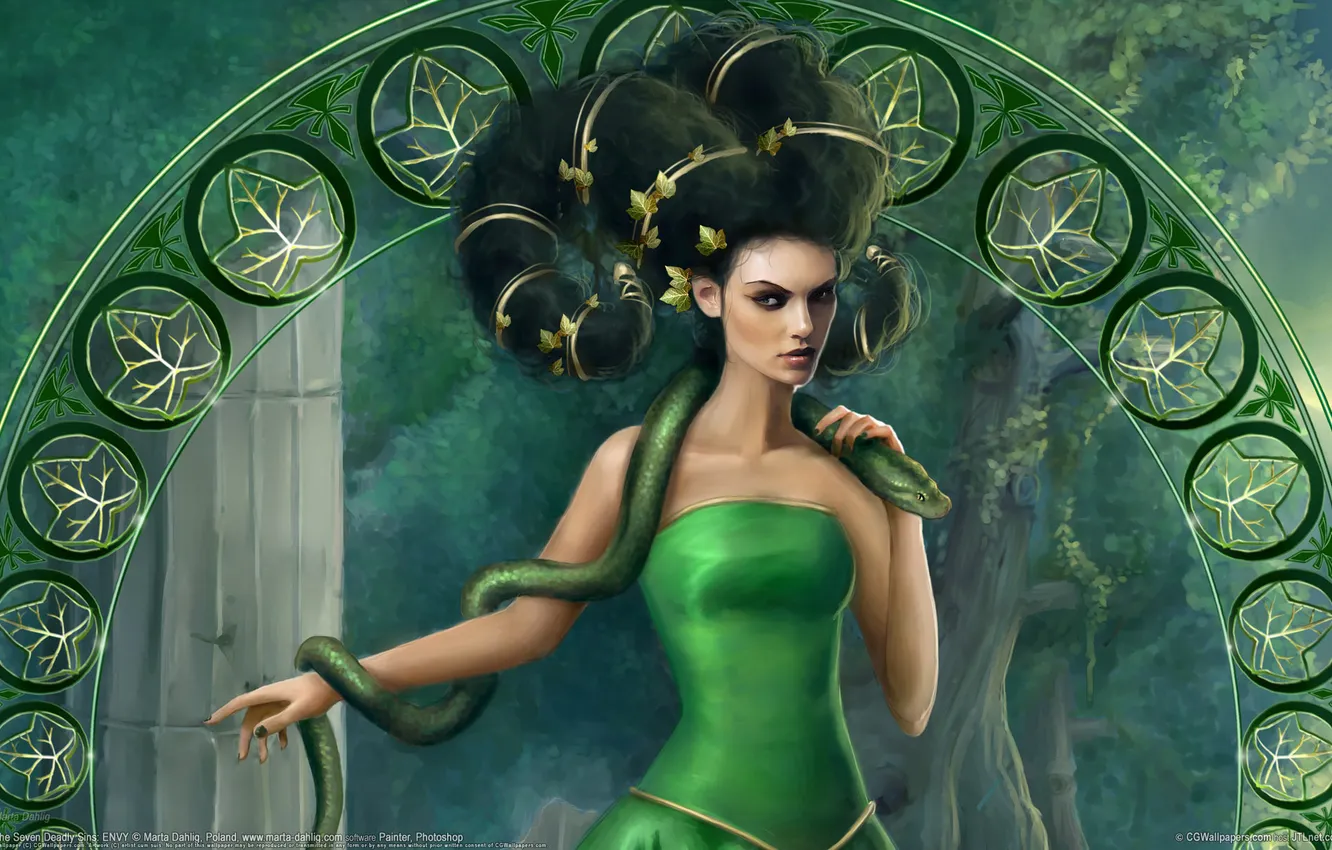 Photo wallpaper leaves, girl, snake, art, hairstyle, arch, Marta Dahlig, envy