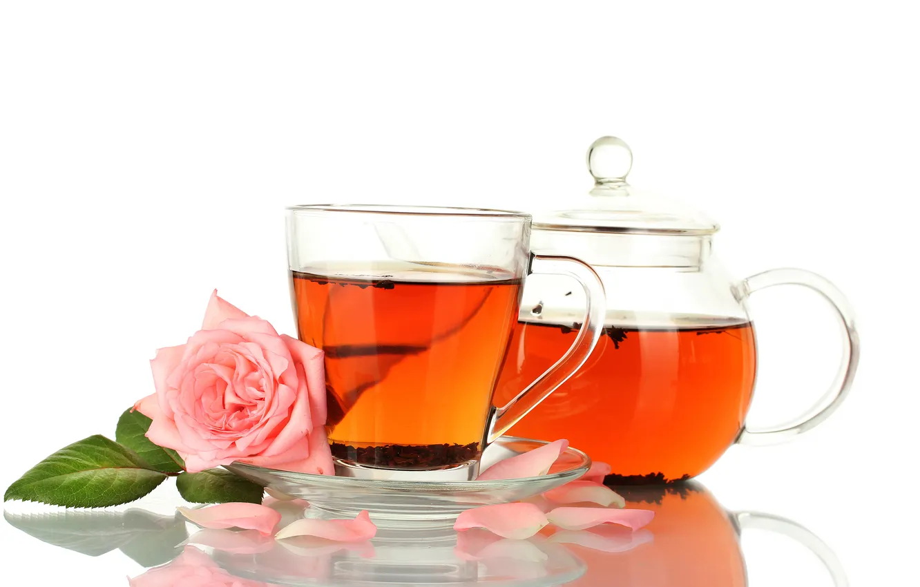 Photo wallpaper glass, tea, roses, kettle, white background, pink