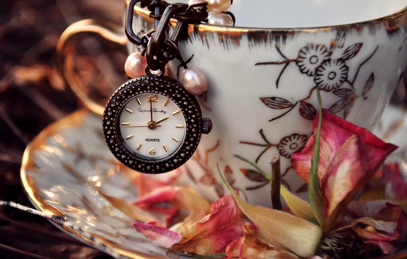 Photo wallpaper leaves, flowers, watch, petals, Cup, pink, saucer, suspension