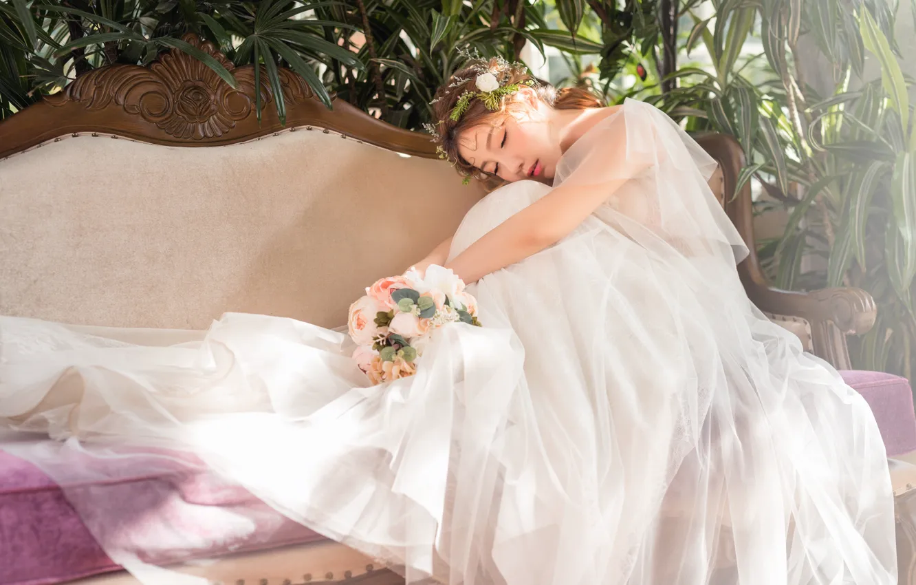 Photo wallpaper white, girl, flowers, pose, sofa, bouquet, dress, Asian