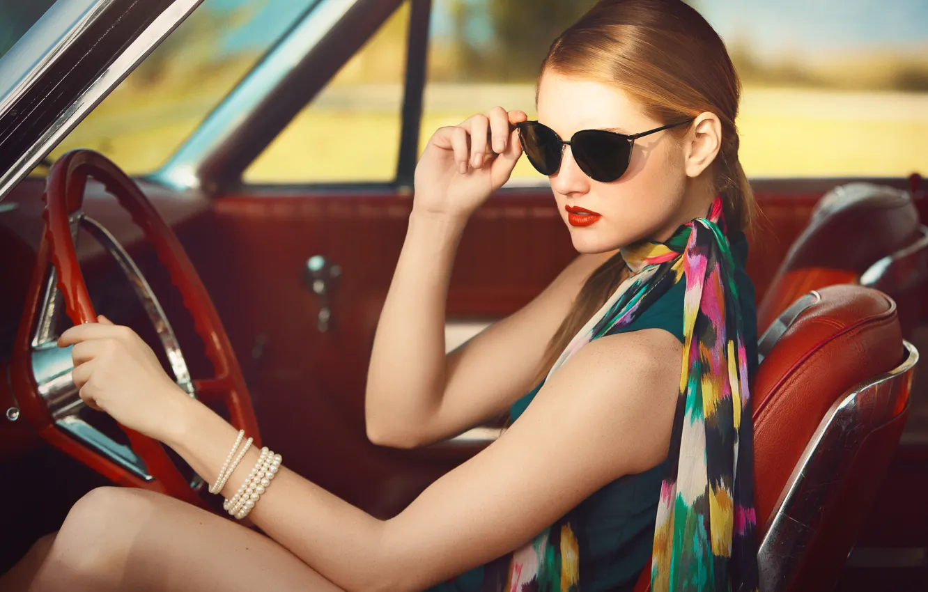 Photo wallpaper girl, glasses, bracelet, car, salon