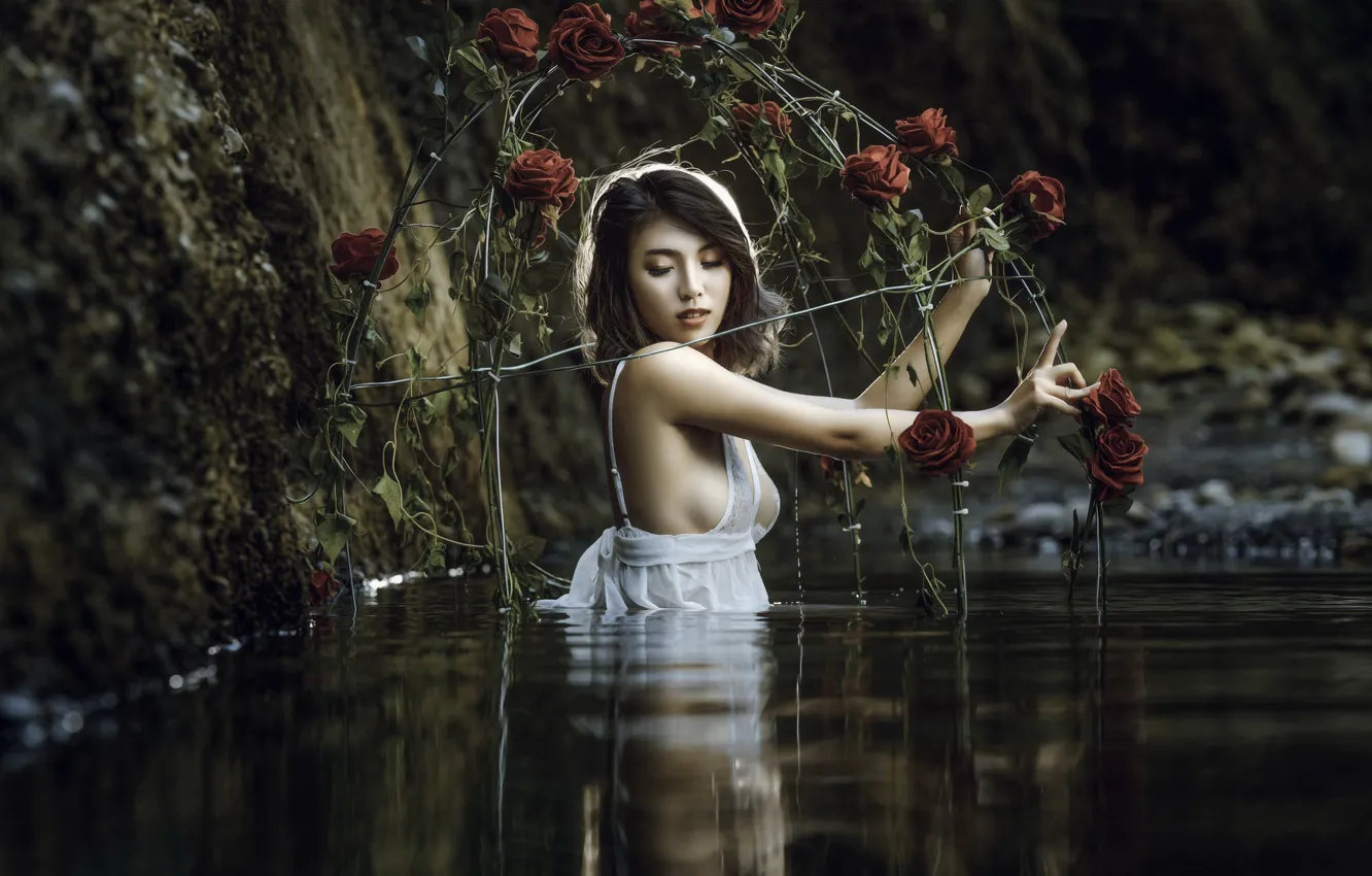 Photo wallpaper girl, river, roses