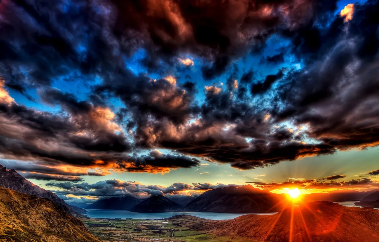 Photo wallpaper MOUNTAINS, HORIZON, The SKY, The SUN, CLOUDS, RIVER, SUNSET, CLOUDS