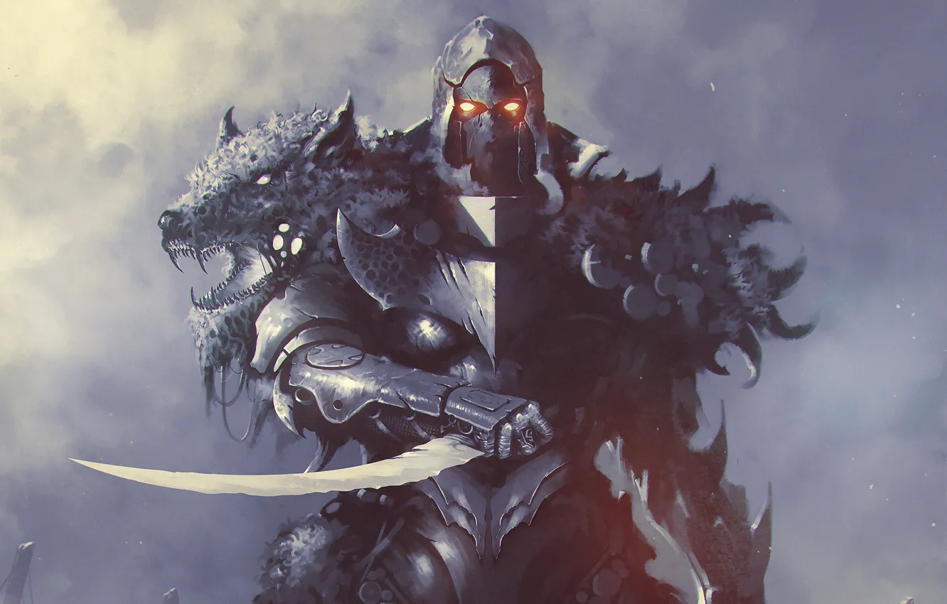 Photo wallpaper eyes, fiction, armor, warrior, mask, helmet, dagger, fantasy