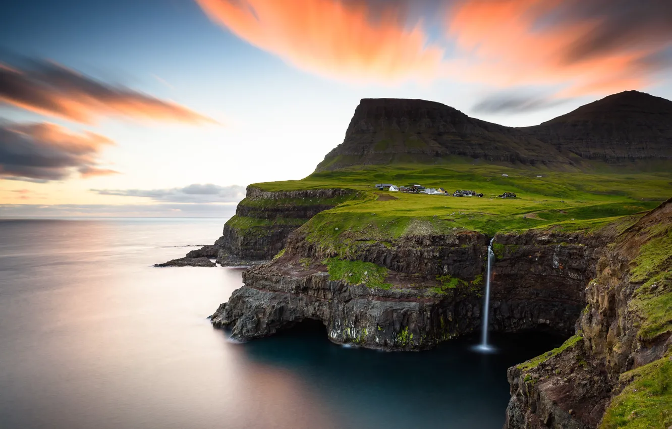 Photo wallpaper sea, mountains, rocks, waterfall, the village, Faroe Islands