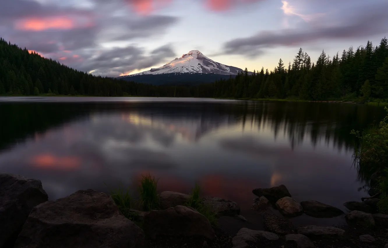 Photo wallpaper forest, the sky, water, clouds, mountains, lake, reflection, stones