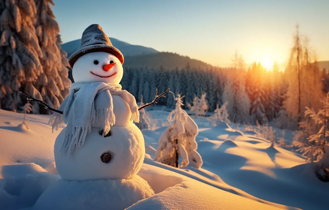 Photo wallpaper winter, snow, nature, Christmas, New year, snowman, AI art, neural network