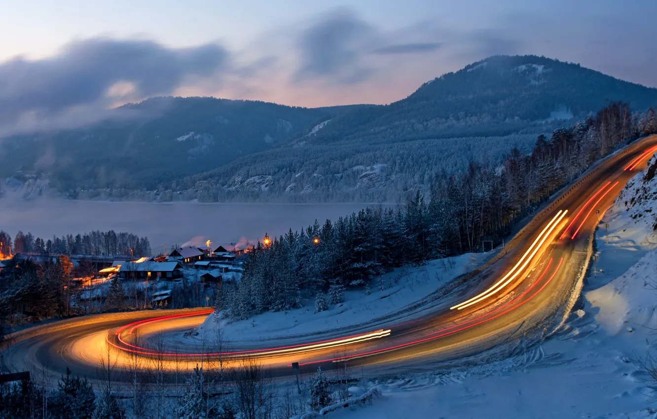 Photo wallpaper winter, road, mountains, river, Russia, serpentine, Krasnoyarsk Krai, Eastern Sayan