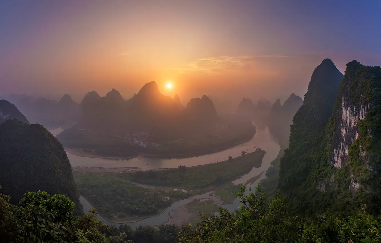 Photo wallpaper the sun, sunset, river, China, haze, Guilin